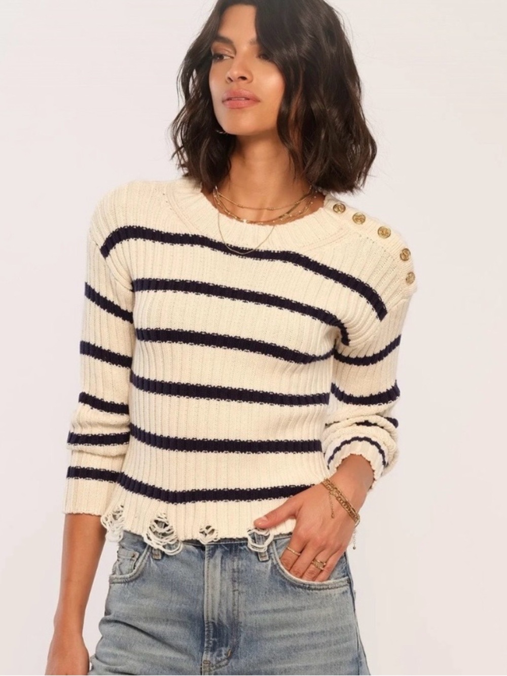 New Heartloom Jace Cream & Navy Striped Gold Button-Shoulder Cropped Sweater, S